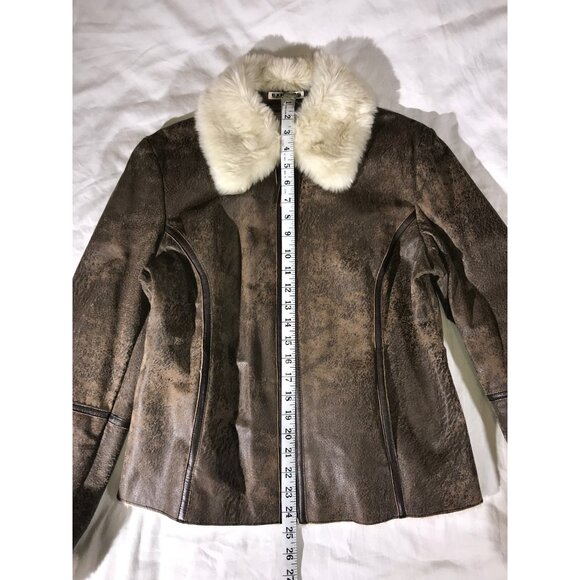 Express Women's Brown Distressed Leather Faux Fur Bomber Aviator Chore Jacket - Picture 6 of 9